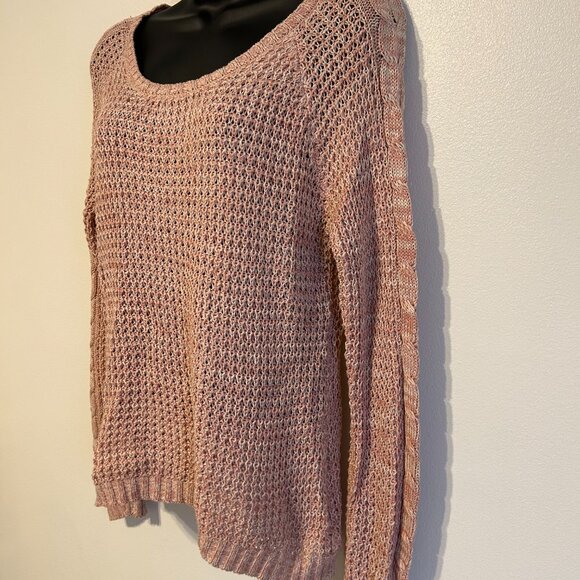 Pink Rose Basket Weave Pattern Knit Long Sleeve Round Neck Sweater Size M - Picture 6 of 12